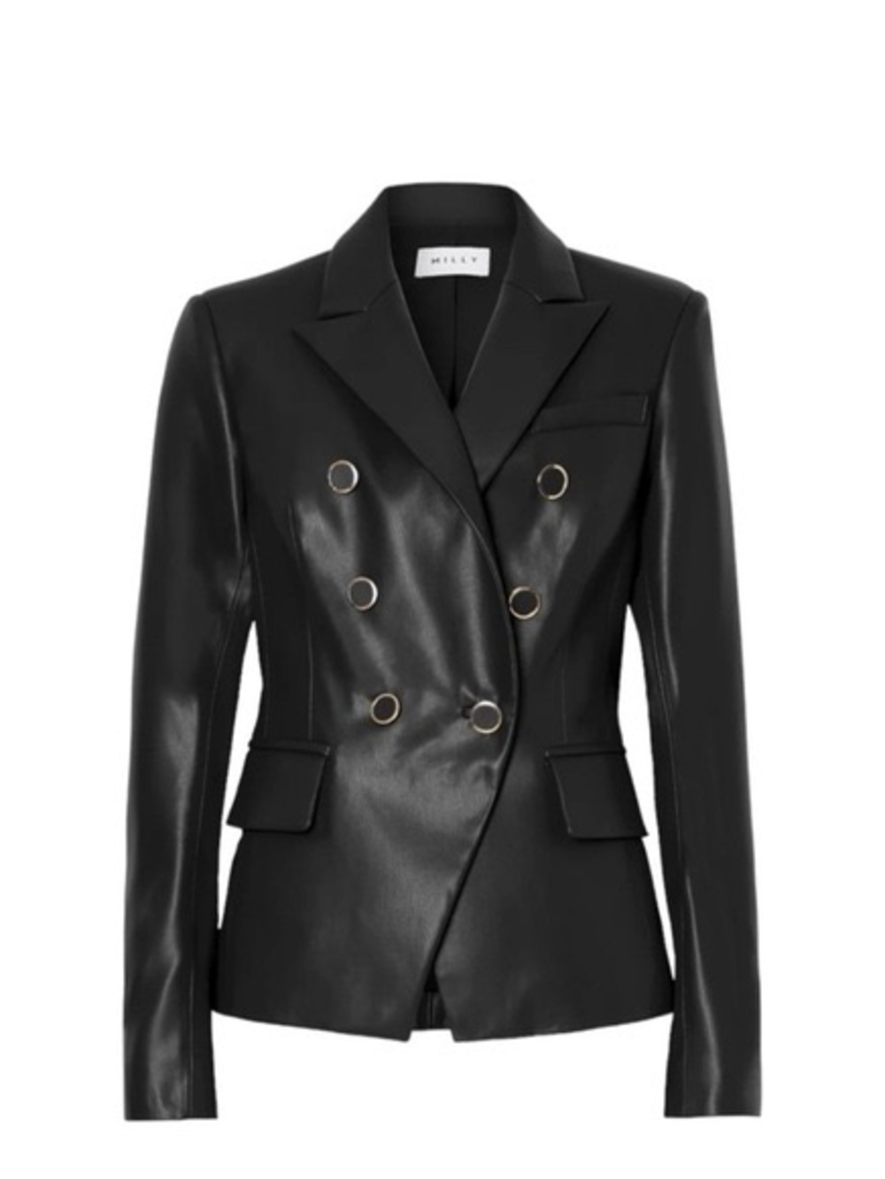 Milly Black Faux-Leather Double-Breasted Blazer with Ring Buttons